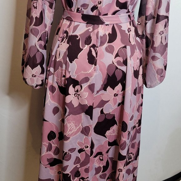 Vintage Dress Floral Polyester Purple Belted Long Sleeve Medium Damon Fashion 70 - Picture 6 of 10